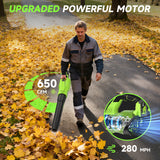 YOOVL Leaf Blower Cordless, 650CFM Electric Leaf Blowers with 2 x 5.2Ah Batteries and Charger, 3 Speed Modes, 1 x Adjustable Shoulder Strap, Powerful Blowers for Lawn Care, Patio, Dust, Blowing Leaves Green