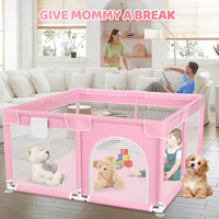 kmaier Baby Playpen, Large Travel Fence , 360° Visibility Baby Playpen,for Toddler-Pink