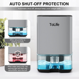 ToLife Dehumidifiers for Home 30 OZ Water Tank with Auto-Off 500 sq.ft Portable Small Dehumidifier for Bathroom Bedroom RV Closet Room 7 Colors LED Light, Silver