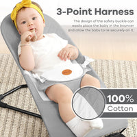 kmaier Baby Bouncer, Portable Baby Bouncer Seat for Babies 0-18 Months, 100% Cotton Fabrics, 3 Modes of use with Rocker and Stationary Options, Infant Rocker Chair with Hanging Toys-Light Grey