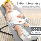 kmaier Baby Bouncer, Portable Baby Bouncer Seat for Babies 0-18 Months, 100% Cotton Fabrics, 3 Modes of use with Rocker and Stationary Options, Infant Rocker Chair with Hanging Toys-Light Grey