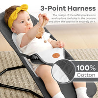 kmaier Baby Bouncer, Portable Baby Bouncer Seat for Babies 0-18 Months, 100% Cotton Fabrics, 3 Modes of use with Rocker and Stationary Options, Infant Rocker Chair with Hanging Toys,Dark Grey