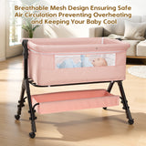 NIRGU Infant Bassinet Crib,Single-sided Detachable 3 Adjustable-Height Bedside Beds Foldable Baby Crib,for 0-18 Months-Pink