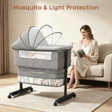 NIRGU Baby Bassinet, 3-Level Adjustable Height with Wheels & Storage Basket, Breathable Mosquito Net,for Newborns and Infants,Light Gray