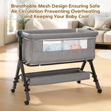 NIRGU Infant Bassinet Crib,Single-sided Detachable 3 Adjustable-Height Bedside Beds Foldable Baby Crib,for 0-18 Months-Light Gray