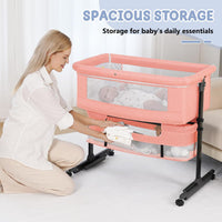 kmaier Foldable Portable Baby Bassinet Bedside Crib with Adjustable Height, Wheels, and Storage Basket,Pink