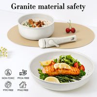 SODAY 5PCS Pot & Pans Set, Non-Stick Kitchen Cookware Set, Compatible with All Cooktops & RVs, Double Locking Detachable Handle - White