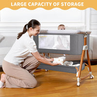 kmaier 3 in 1 Baby Bassinet Sleeper, 6-Section Height Adjustable Crib, Foldable Portable Crib Side Sleeper- Light Gray