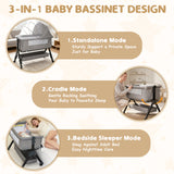 NIRGU Infant Bassinet Crib,Single-sided Detachable 3 Adjustable-Height Bedside Beds Foldable Baby Crib,for 0-18 Months-Light Gray