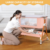 kmaier Baby Bassinet Sleeper, 6-Section Height Adjustable Crib, Foldable Portable Crib Side Sleeper with Wheels - Pink