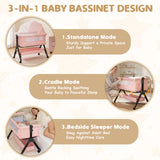 NIRGU Infant Bassinet Crib,Single-sided Detachable 3 Adjustable-Height Bedside Beds Foldable Baby Crib,for 0-18 Months-Pink
