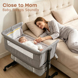 NIRGU Baby Bassinet, 3-Level Adjustable Height with Wheels & Storage Basket, Breathable Mosquito Net,for Newborns and Infants,Light Gray