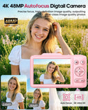 QUIOF Digital Camera 4K for Kids-48MP Autofocus Vlogging Camera with 32GB Card, 16X Zoom, Anti-Shake, Compact Point and Shoot Camera for Teens Beginners, Birthday Gift Pink