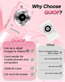 QUIOF Digital Camera 4K for Kids-48MP Autofocus Vlogging Camera with 32GB Card, 16X Zoom, Anti-Shake, Compact Point and Shoot Camera for Teens Beginners, Birthday Gift Pink