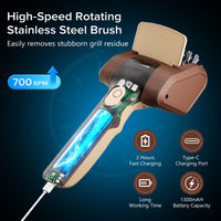 Lrly Grill Brush for Outdoor Grill, Cordless Electric Grill Cleaner with 700 RPM Stainless Steel Brush, Rechargeable Grill Cleaning Brush, Brown