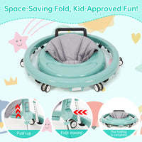 kmaier Baby Walker, Foldable, 9 Adjustable Heights, for 7-18 Months, Portable Anti-Rolling Baby Walker with Wheels-Green