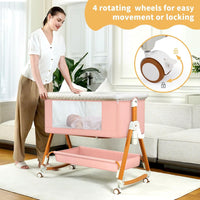 kmaier Baby Bassinet Sleeper, 6-Section Height Adjustable Crib, Foldable Portable Crib Side Sleeper with Wheels - Pink