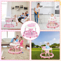 kmaier Baby Walker, Foldable, 9 Adjustable Heights, for 7-18 Months, Portable Anti-Rolling Baby Walker with Wheels - Pink