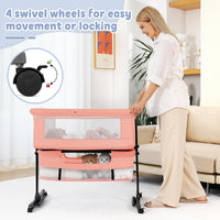 kmaier Foldable Portable Baby Bassinet Bedside Crib with Adjustable Height, Wheels, and Storage Basket,Pink