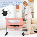 kmaier Foldable Portable Baby Bassinet Bedside Crib with Adjustable Height, Wheels, and Storage Basket,Pink
