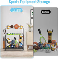WUC Sports Equipment Organizer - Garage Ball Storage Rack with Basket, Hooks and Rolling Cart for Toy Sports Gear Storage, Black