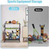 WUC Sports Equipment Organizer - Garage Ball Storage Rack with Basket, Hooks and Rolling Cart for Toy Sports Gear Storage, Black