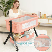 kmaier Baby Bassinet Sleeper, Adjustable Baby Crib for Baby, Rocking Bassinets Bedside Sleeper, Easy to Fold Portable Crib Side Bassinet with Wheels and Storage Basket - Pink