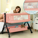 kmaier Baby Bassinet Sleeper, Adjustable Baby Crib for Baby, Rocking Bassinets Bedside Sleeper, Easy to Fold Portable Crib Side Bassinet with Wheels and Storage Basket - Pink