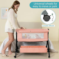 kmaier Baby Bassinet Sleeper, Adjustable Baby Crib for Baby, Rocking Bassinets Bedside Sleeper, Easy to Fold Portable Crib Side Bassinet with Wheels and Storage Basket - Pink