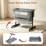NIRGU Baby Bassinet, 3-Level Adjustable Height with Wheels & Storage Basket, Breathable Mosquito Net,for Newborns and Infants,Light Gray