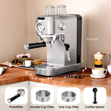 Espresso Machine, 20 Bar Compact Espresso Maker with Steam Milk Frother, Stainless Steel Expresso Machines for Home, 34oz Removable Water Tank for Latte, Cappuccino, Silver