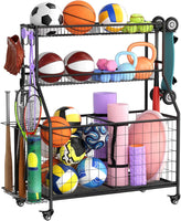 WUC Sports Equipment Organizer - Garage Ball Storage Rack with Basket, Hooks and Rolling Cart for Toy Sports Gear Storage, Black