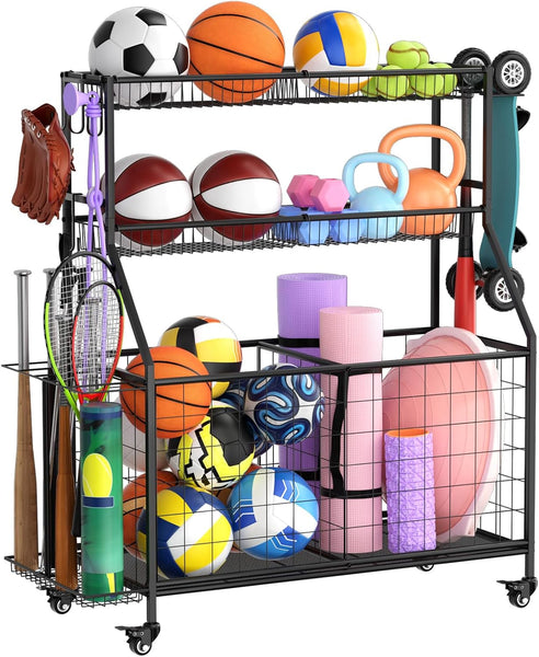 WUC Sports Equipment Organizer - Garage Ball Storage Rack with Basket, Hooks and Rolling Cart for Toy Sports Gear Storage, Black