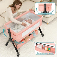 kmaier Baby Bassinet Sleeper, Adjustable Baby Crib for Baby, Rocking Bassinets Bedside Sleeper, Easy to Fold Portable Crib Side Bassinet with Wheels and Storage Basket - Pink