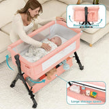 kmaier Baby Bassinet Sleeper, Adjustable Baby Crib for Baby, Rocking Bassinets Bedside Sleeper, Easy to Fold Portable Crib Side Bassinet with Wheels and Storage Basket - Pink