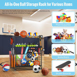 WUC Sports Equipment Organizer - Garage Ball Storage Rack with Basket, Hooks and Rolling Cart for Toy Sports Gear Storage, Black