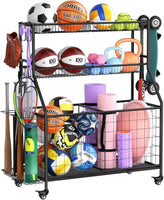WUC Sports Equipment Organizer - Garage Ball Storage Rack with Basket, Hooks and Rolling Cart for Toy Sports Gear Storage, Black