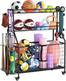 WUC Sports Equipment Organizer - Garage Ball Storage Rack with Basket, Hooks and Rolling Cart for Toy Sports Gear Storage, Black