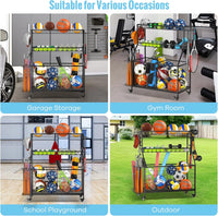 WUC Sports Equipment Organizer - Garage Ball Storage Rack with Basket, Hooks and Rolling Cart for Toy Sports Gear Storage, Black