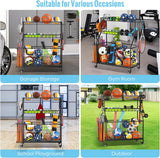 WUC Sports Equipment Organizer - Garage Ball Storage Rack with Basket, Hooks and Rolling Cart for Toy Sports Gear Storage, Black