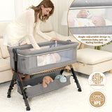 NIRGU Infant Bassinet Crib,Single-sided Detachable 3 Adjustable-Height Bedside Beds Foldable Baby Crib,for 0-18 Months-Light Gray