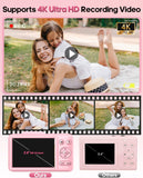 QUIOF Digital Camera 4K for Kids-48MP Autofocus Vlogging Camera with 32GB Card, 16X Zoom, Anti-Shake, Compact Point and Shoot Camera for Teens Beginners, Birthday Gift Pink