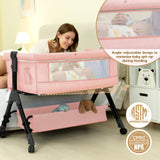 NIRGU Infant Bassinet Crib,Single-sided Detachable 3 Adjustable-Height Bedside Beds Foldable Baby Crib,for 0-18 Months-Pink