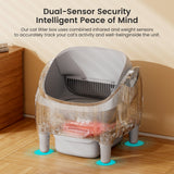 DOJOAO Self Cleaning Litter Box, 95 L Automatic Cat Litter Box Self Cleaning for Multiple Cats, with Safety Protection, App Control,1 Roll Garbage Bags,White & Grey