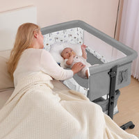 kmaier Foldable Portable Baby Bassinet Bedside Crib with Adjustable Height, Wheels, and Storage Basket,Light Gray