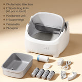 DOJOAO Self Cleaning Litter Box, 95 L Automatic Cat Litter Box Self Cleaning for Multiple Cats, with Safety Protection, App Control,1 Roll Garbage Bags,White & Grey