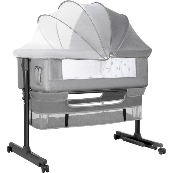 kmaier Foldable Portable Baby Bassinet Bedside Crib with Adjustable Height, Wheels, and Storage Basket,Light Gray