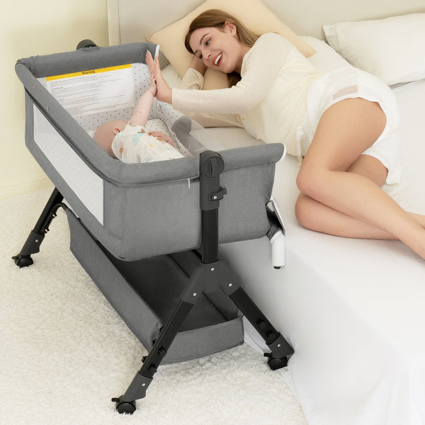 kmaier Baby Bassinet Sleeper, Adjustable Baby Crib for Baby, Rocking Bassinets Bedside Sleeper, Easy to Fold Portable Crib Side Bassinet with Wheels and Storage Basket-Light Gray