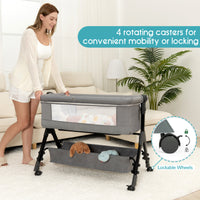 kmaier Baby Bassinet Sleeper, Adjustable Baby Crib for Baby, Rocking Bassinets Bedside Sleeper, Easy to Fold Portable Crib Side Bassinet with Wheels and Storage Basket-Light Gray