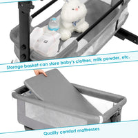 kmaier Foldable Portable Baby Bassinet Bedside Crib with Adjustable Height, Wheels, and Storage Basket,Light Gray